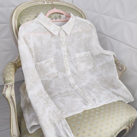 Ivory Toile Shirt Cotton Lightweight Shell Buttons J Jill Collar Crop Country XL - Picture 3 of 14
